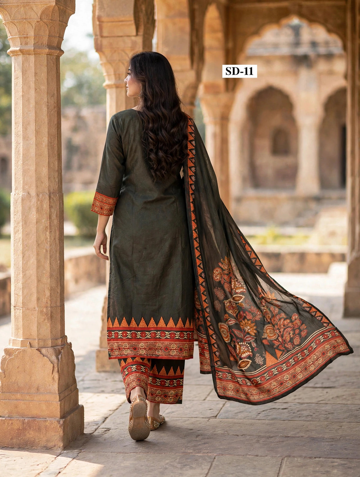Wholesale SD-11 Dark Olive Paisley 3 Pcs Suit - Alternate Pose | The Wardrobe Fabrics