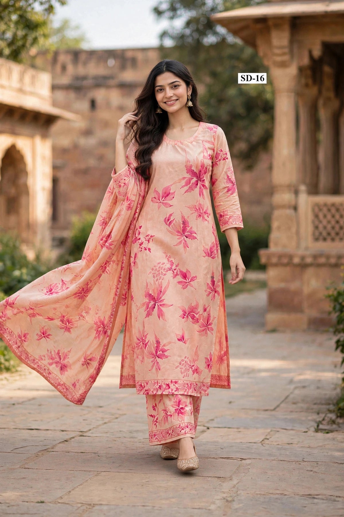 Wholesale SD-16 Peach Fuchsia Watercolor 3 Pcs Suit - Alternate Pose | The Wardrobe Fabrics