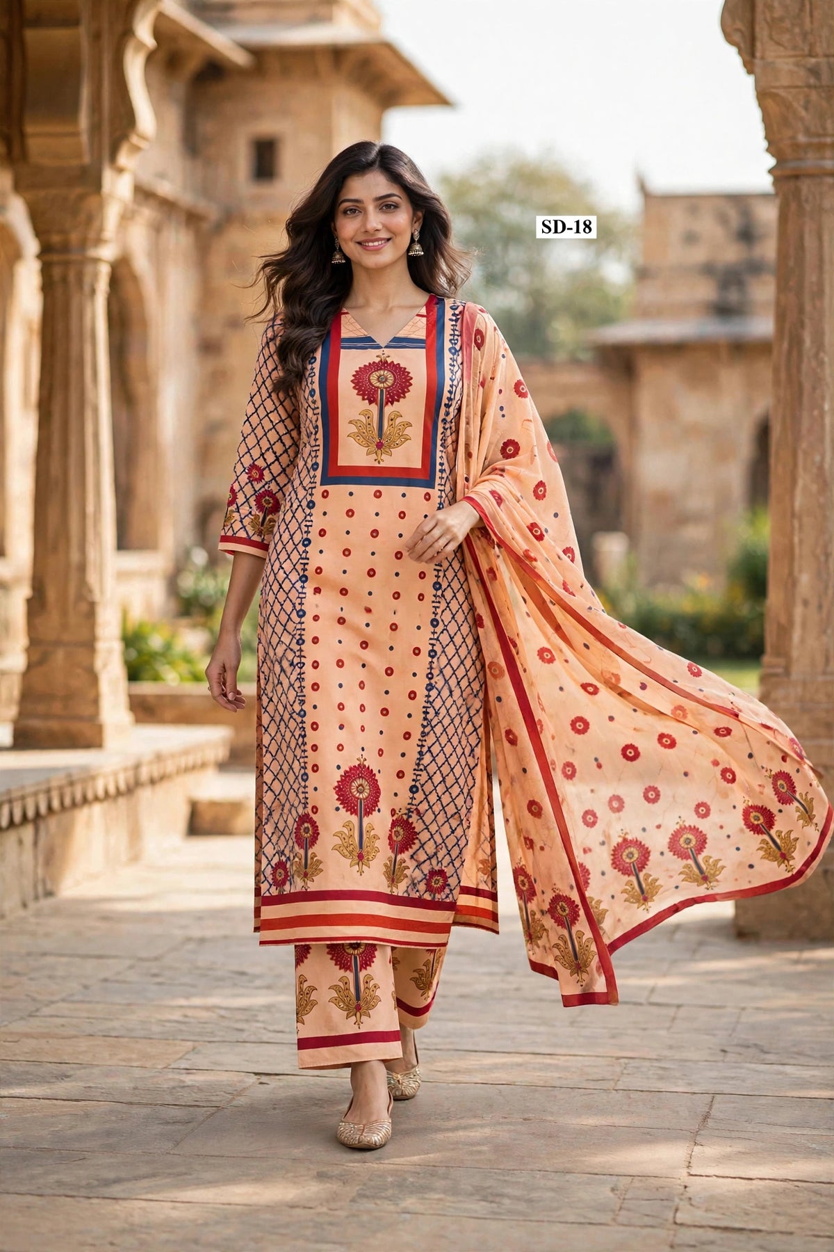 Wholesale SD-18 Peach Sunflower Yoke 3 Pcs Suit - Alternate Pose | The Wardrobe Fabrics