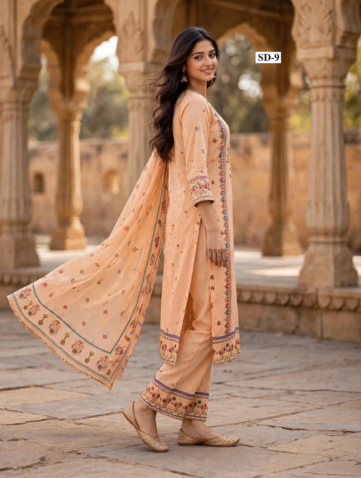 Wholesale SD-9 Peach Floral Medallion 3 Pcs Suit - Alternate Pose | The Wardrobe Fabrics