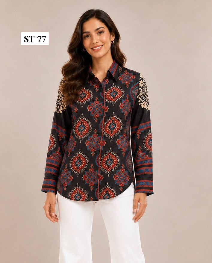 Midnight Tribal Bloom Natural Crepe Shirt