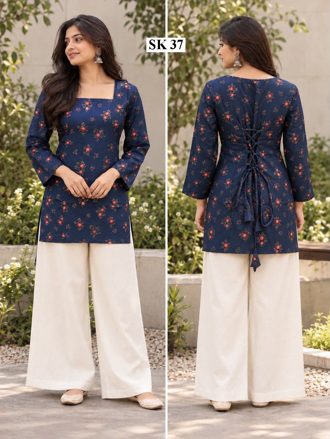 Navy Floral Lace-Up Short Kurti