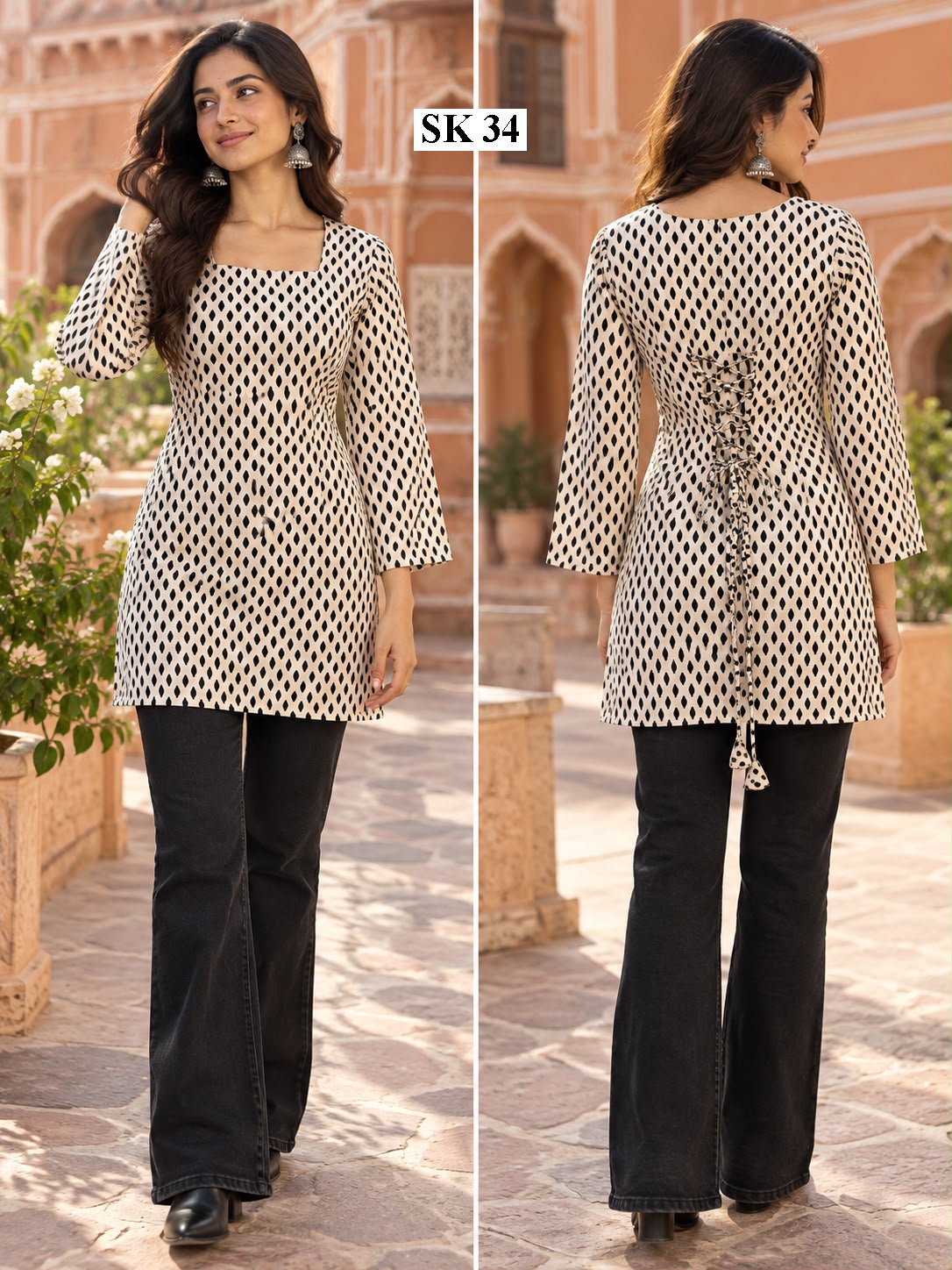 Ivory Black Printed Lace-Up Short Kurti