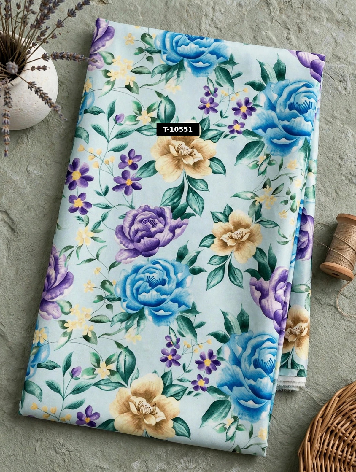 Wholesale T-10551 Blue Purple Peony Floral Print On Crepe Fabric - CREPE | The Wardrobe Fabrics