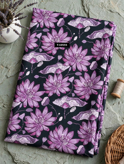 Wholesale T-10555 Purple Lotus Floral Print On Crepe Fabric - CREPE | The Wardrobe Fabrics