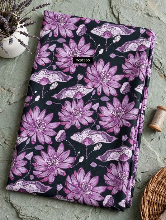 Wholesale T-10555 Purple Lotus Floral Print On Crepe Fabric - CREPE | The Wardrobe Fabrics