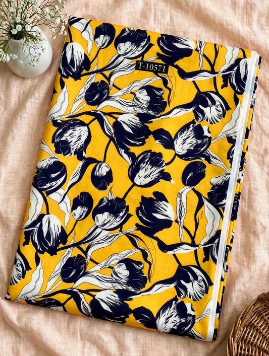 Wholesale T-10571 Mustard Tulip Floral On Muslin Fabric - MUSLIN | The Wardrobe Fabrics
