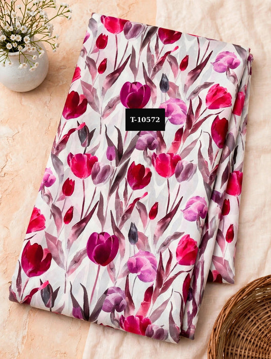 Wholesale T-10572 Red Pink Tulip Floral Print On Muslin Fabric - MUSLIN | The Wardrobe Fabrics