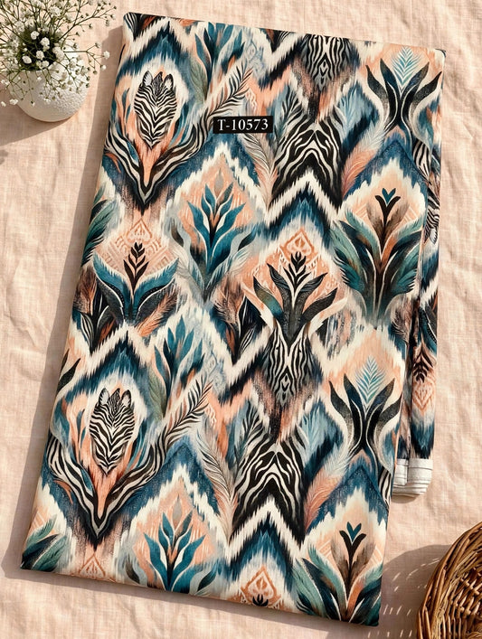 Wholesale T-10573 Teal Peach Zebra Ikat Print On Muslin Fabric - MUSLIN | The Wardrobe Fabrics