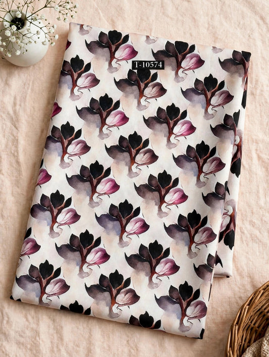 Wholesale T-10574 Black Pink Floral Sprig Print On Muslin Fabric - MUSLIN | The Wardrobe Fabrics