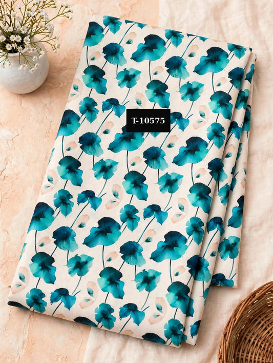 Wholesale T-10575 Teal Blue Watercolor Floral Print On Muslin Fabric - MUSLIN | The Wardrobe Fabrics