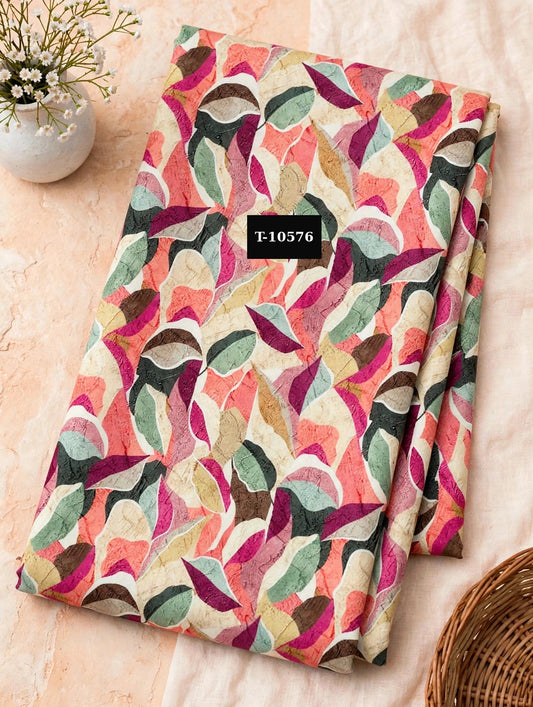 Wholesale T-10576 Multi-Color Abstract Wavy Leaf Print On Muslin Fabric - MUSLIN | The Wardrobe Fabrics