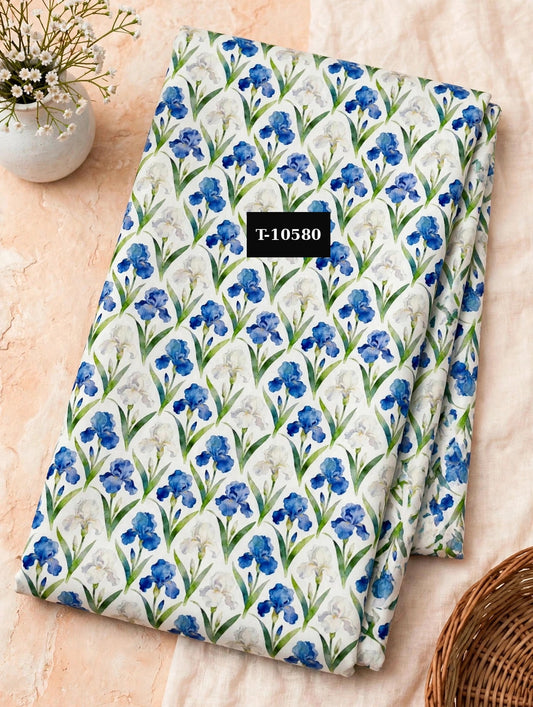 Wholesale T-10580 Blue White Iris Floral Print On Muslin Fabric - MUSLIN | The Wardrobe Fabrics