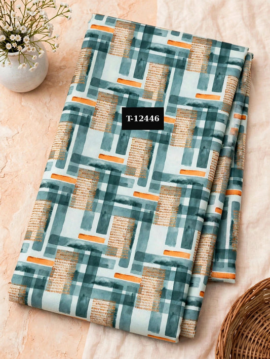 Wholesale T-12446 Teal Orange Geometric Abstract On Muslin Fabric - MUSLIN | The Wardrobe Fabrics