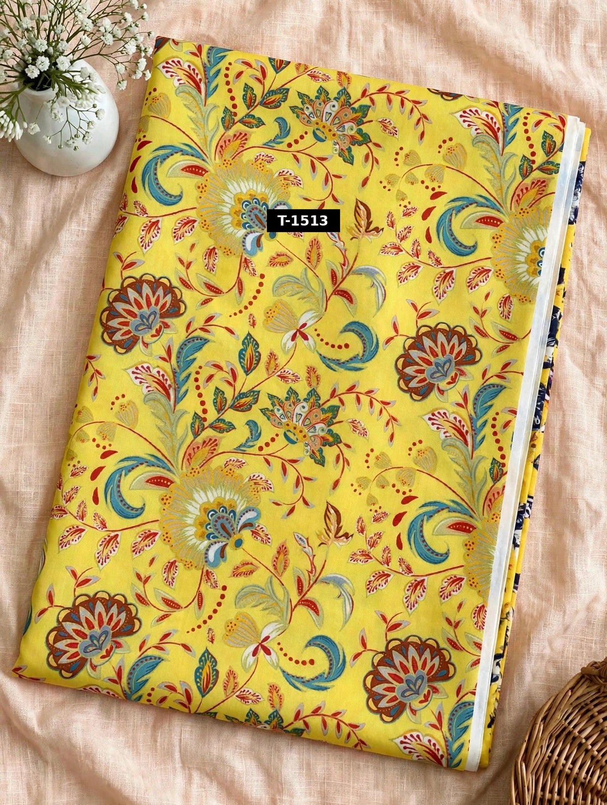 Wholesale T-1513 Yellow Multicolour Floral On Muslin Fabric - MUSLIN | The Wardrobe Fabrics