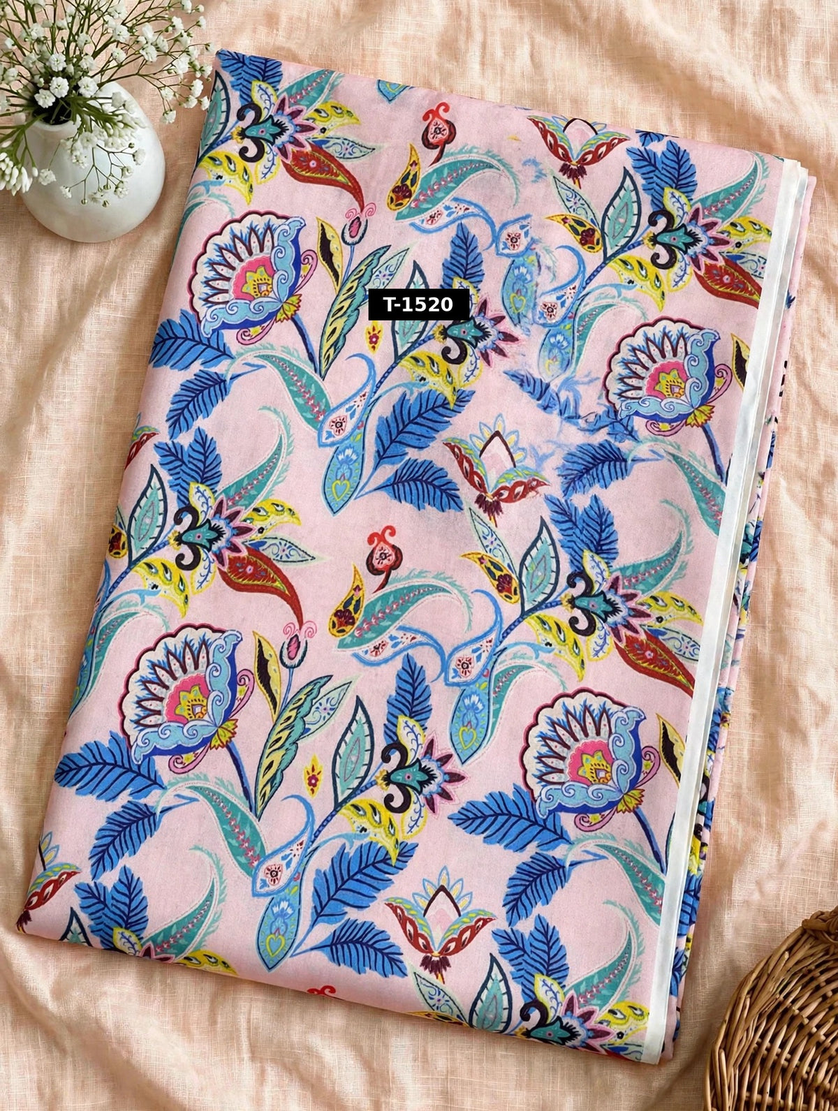 Wholesale T-1520 Pink Blue Floral Paisley On Muslin Fabric - MUSLIN | The Wardrobe Fabrics