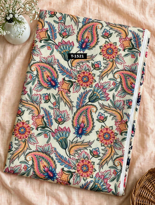 Wholesale T-1521 Cream Multicolour Floral Paisley On Muslin Fabric - MUSLIN | The Wardrobe Fabrics