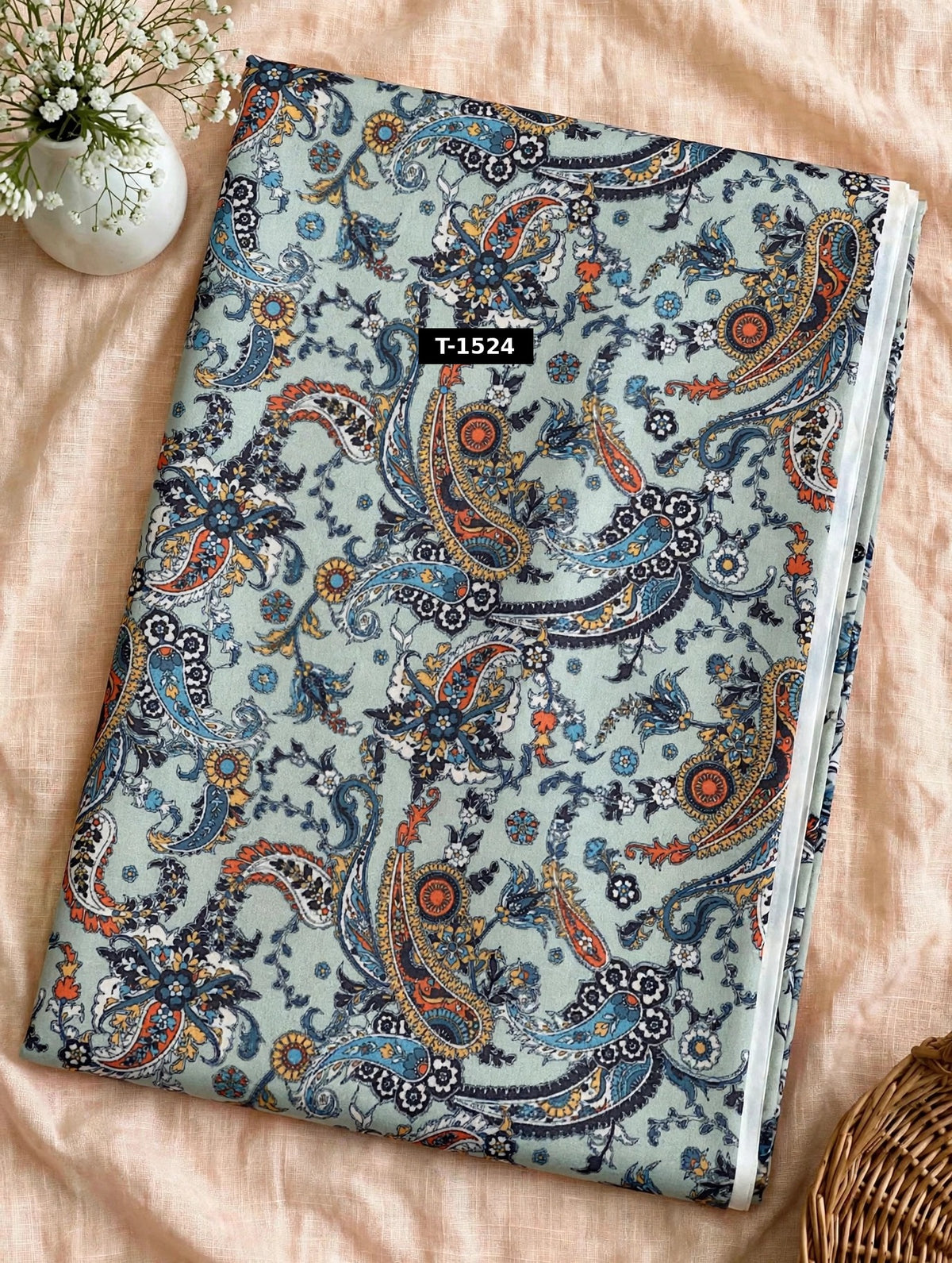 Wholesale T-1524 Grey Blue Orange Paisley On Muslin Fabric - MUSLIN | The Wardrobe Fabrics