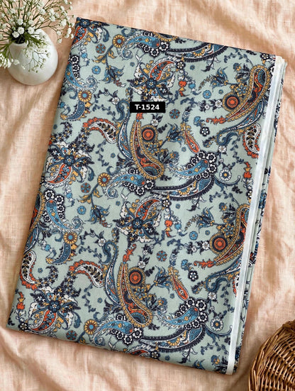 Wholesale T-1524 Grey Blue Orange Paisley On Muslin Fabric - MUSLIN | The Wardrobe Fabrics