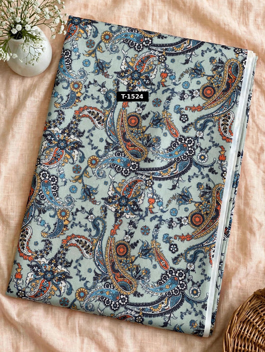 Wholesale T-1524 Grey Blue Orange Paisley On Muslin Fabric - MUSLIN | The Wardrobe Fabrics