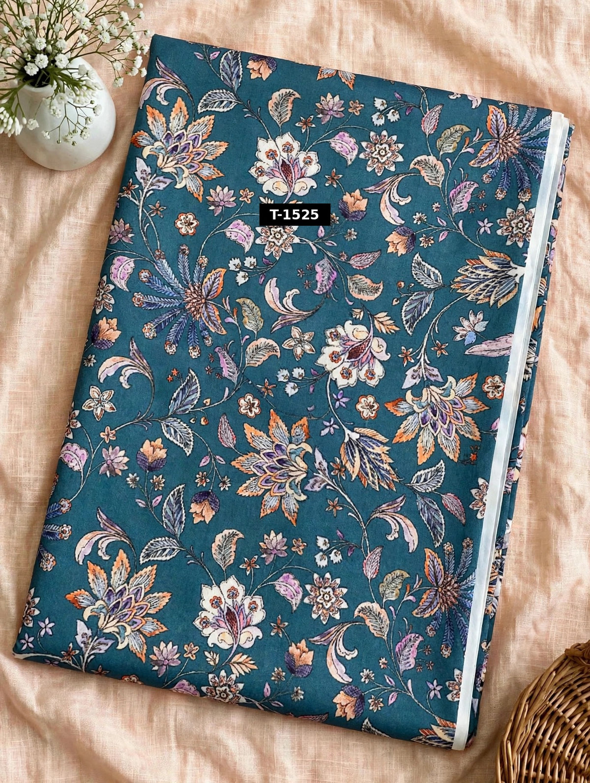 Wholesale T-1525 Teal Multicolour Floral On Muslin Fabric - MUSLIN | The Wardrobe Fabrics