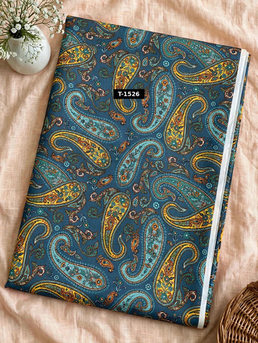 Wholesale T-1526 Teal Yellow Paisley On Muslin Fabric - MUSLIN | The Wardrobe Fabrics