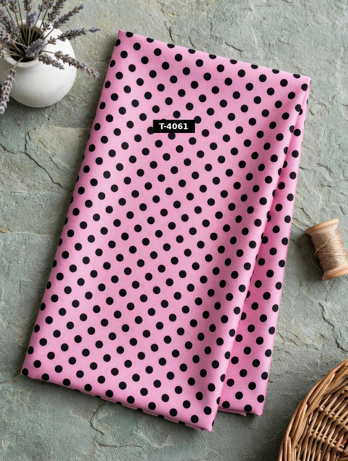 Wholesale T-4061 Black Polka Dot Print On Pink Crepe Fabric - CREPE | The Wardrobe Fabrics