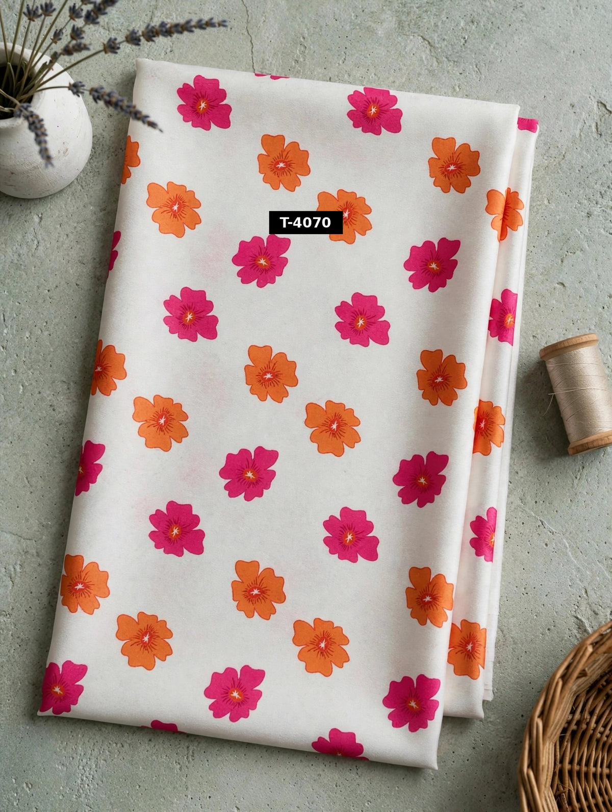 Wholesale T-4070 Pink Orange Daisy Floral Print On Crepe Fabric - CREPE | The Wardrobe Fabrics