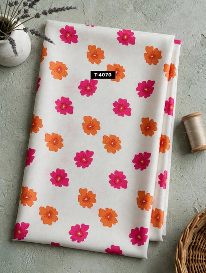 Wholesale T-4070 Pink Orange Daisy Floral Print On Crepe Fabric - CREPE | The Wardrobe Fabrics