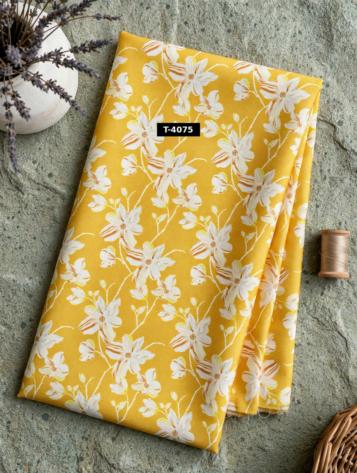 Wholesale T-4075 White Floral Print On Mustard Crepe Fabric - CREPE | The Wardrobe Fabrics