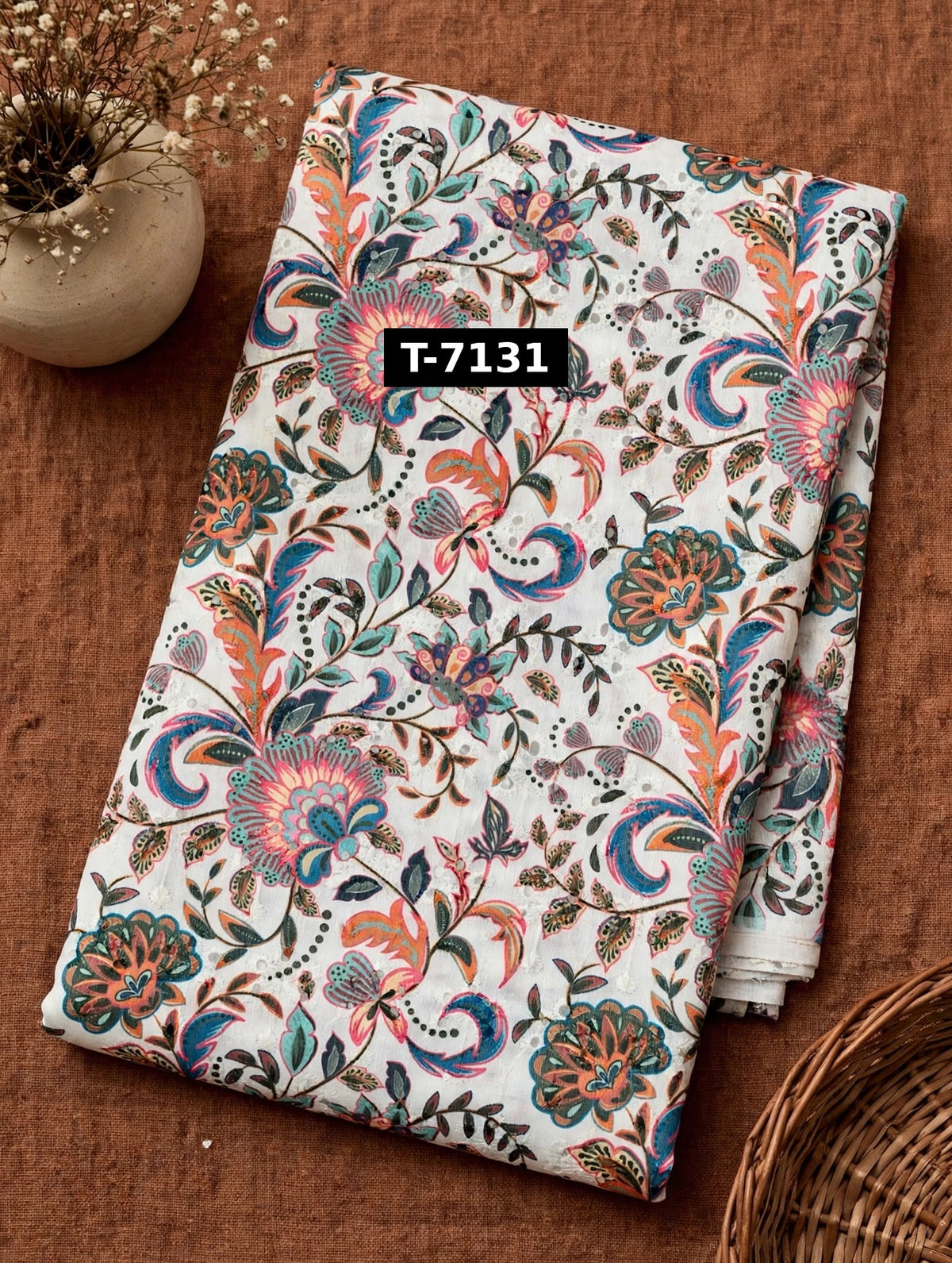 Wholesale T-7131 Multicolor Floral Vine Print On Chanderi Hakoba Fabric - CHANDERI HAKOBA | The Wardrobe Fabrics