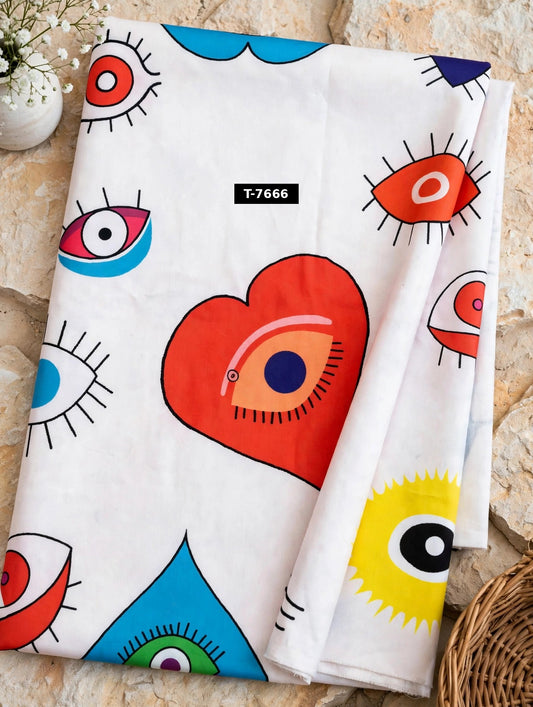 Wholesale T-7666 Heart-Evileye Print On Muslin Fabric - MUSLIN | The Wardrobe Fabrics