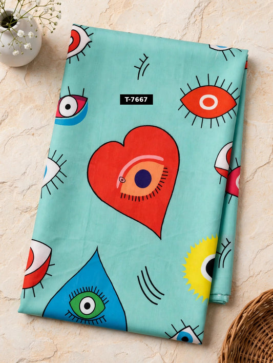 Wholesale T-7667 Heart-Evileye Print On Muslin Fabric - MUSLIN | The Wardrobe Fabrics