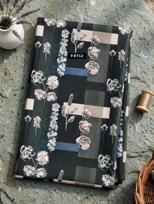 Wholesale T-9712 Grey Floral Sprig Geometric Print On Crepe Fabric - CREPE | The Wardrobe Fabrics