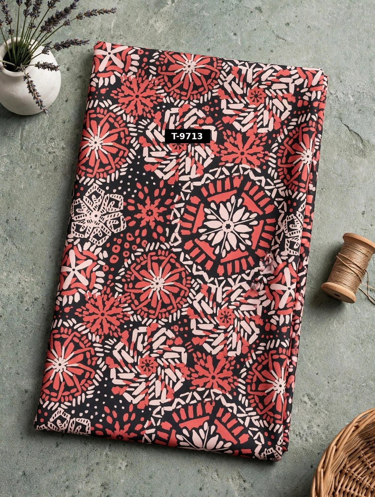 Wholesale T-9713 Red Coral Starburst Floral Print On Crepe Fabric - CREPE | The Wardrobe Fabrics