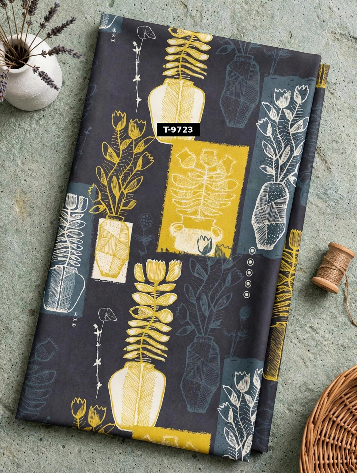 Wholesale T-9723 Yellow Grey Botanical Vase Print On Crepe Fabric - CREPE | The Wardrobe Fabrics