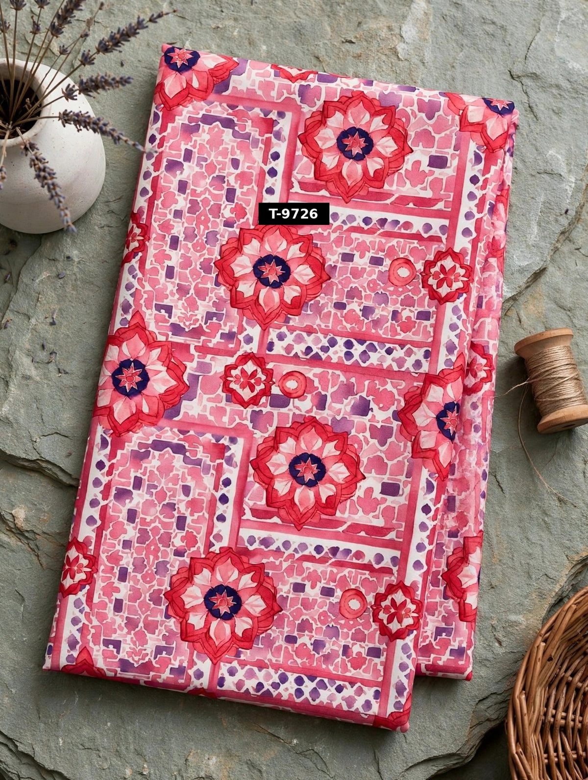 Wholesale T-9726 Red Pink Medallion Floral Print On Crepe Fabric - CREPE | The Wardrobe Fabrics