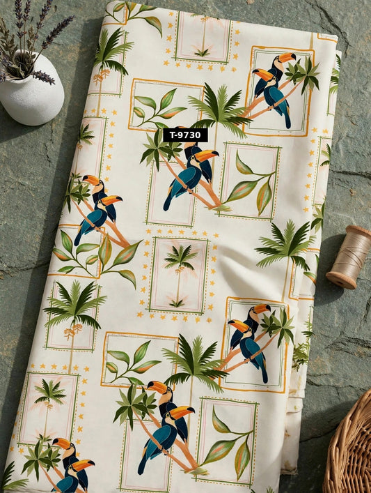Wholesale T-9730 Toucan Palm Tree Tropical Print On Crepe Fabric - CREPE | The Wardrobe Fabrics