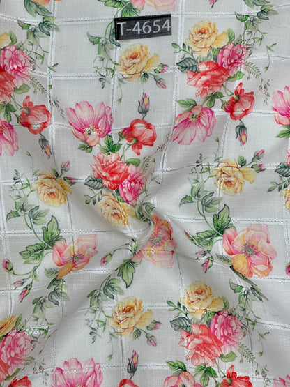 Wholesale Linen Checks Floral Print – Silky Print On Linen Checks With Jari | The Wardrobe Fabrics