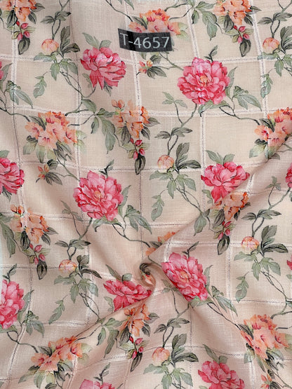Wholesale Linen Checks Floral Print – Silky Print On Linen Checks With Jari | The Wardrobe Fabrics