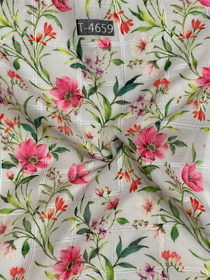 Wholesale Linen Checks Floral Print – Silky Print On Linen Checks With Jari | The Wardrobe Fabrics