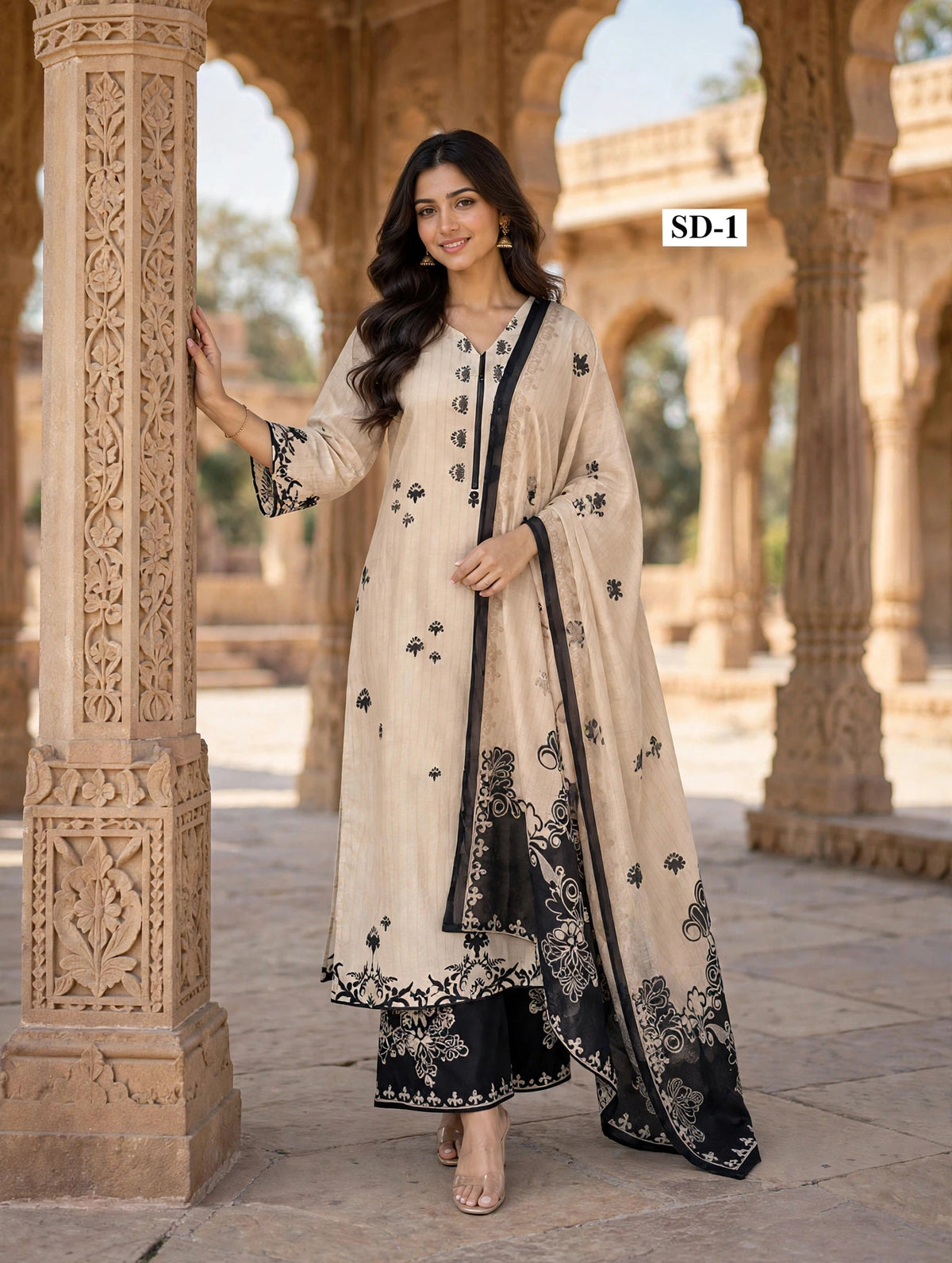 Wholesale SD-1 Ivory Black Butti 3 Pcs Suit - Semi Muslin | The Wardrobe Fabrics