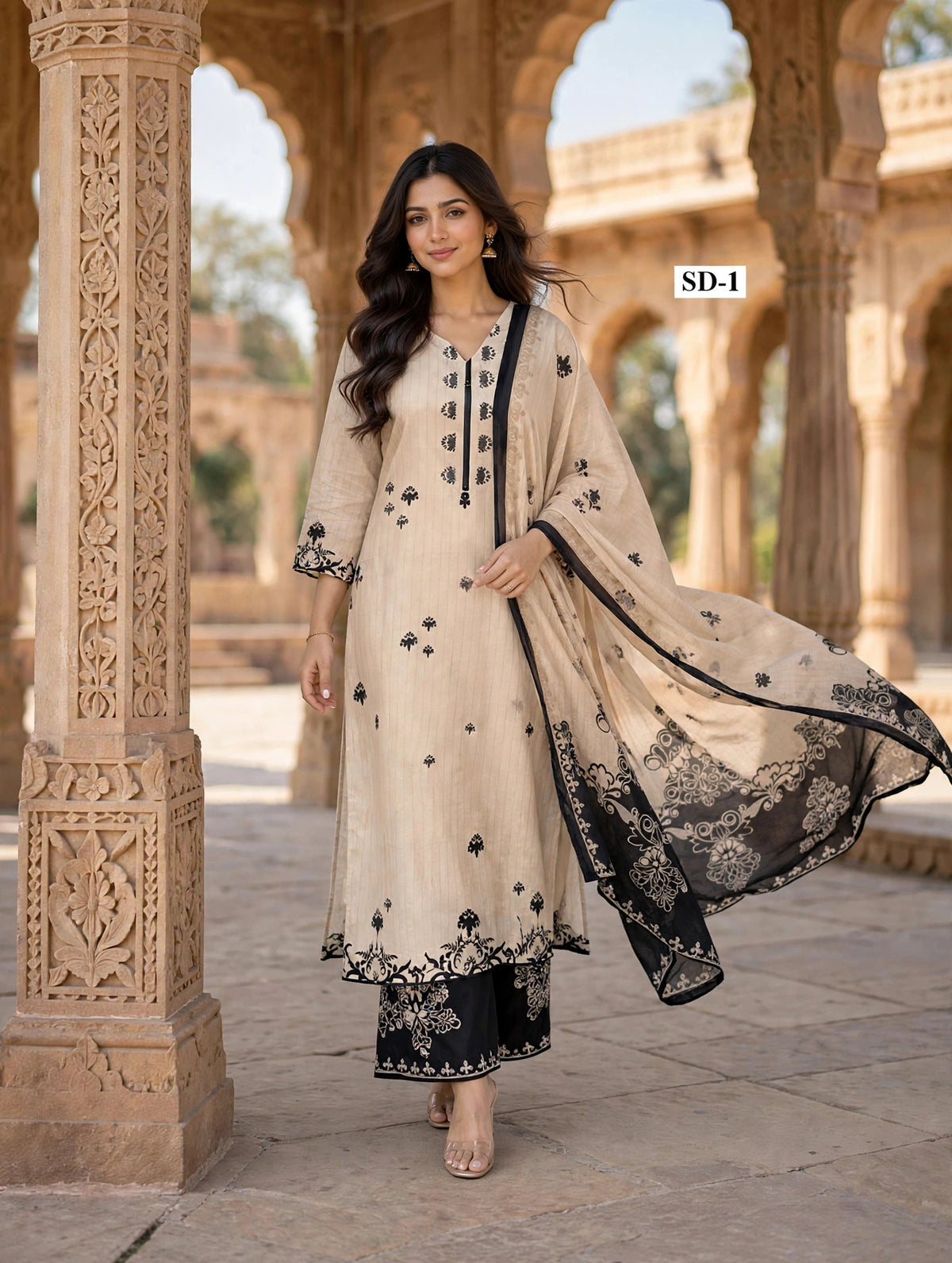 Wholesale SD-1 Ivory Black Butti 3 Pcs Suit - Alternate Pose | The Wardrobe Fabrics