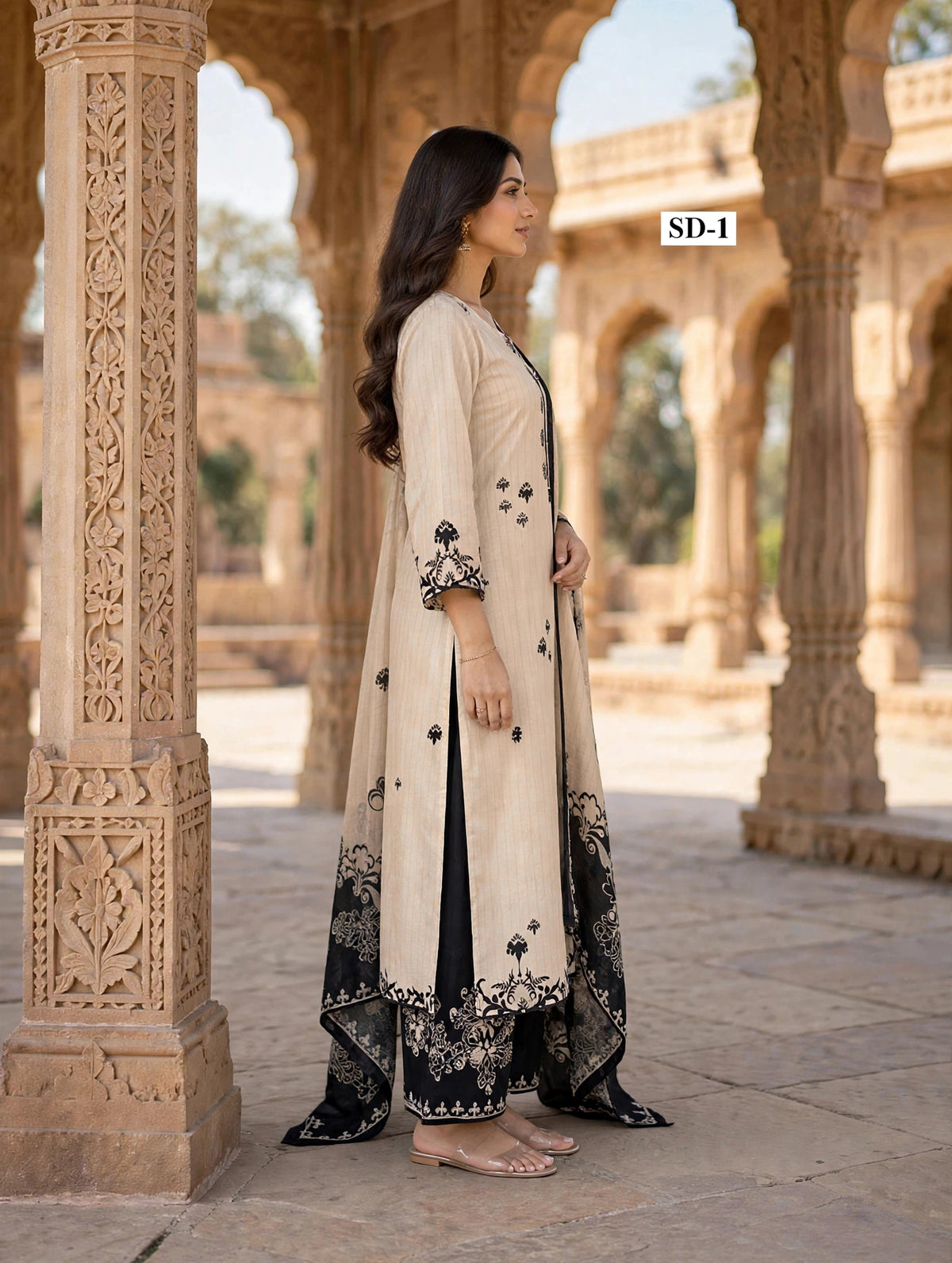 Wholesale SD-1 Ivory Black Butti 3 Pcs Suit - Side View | The Wardrobe Fabrics