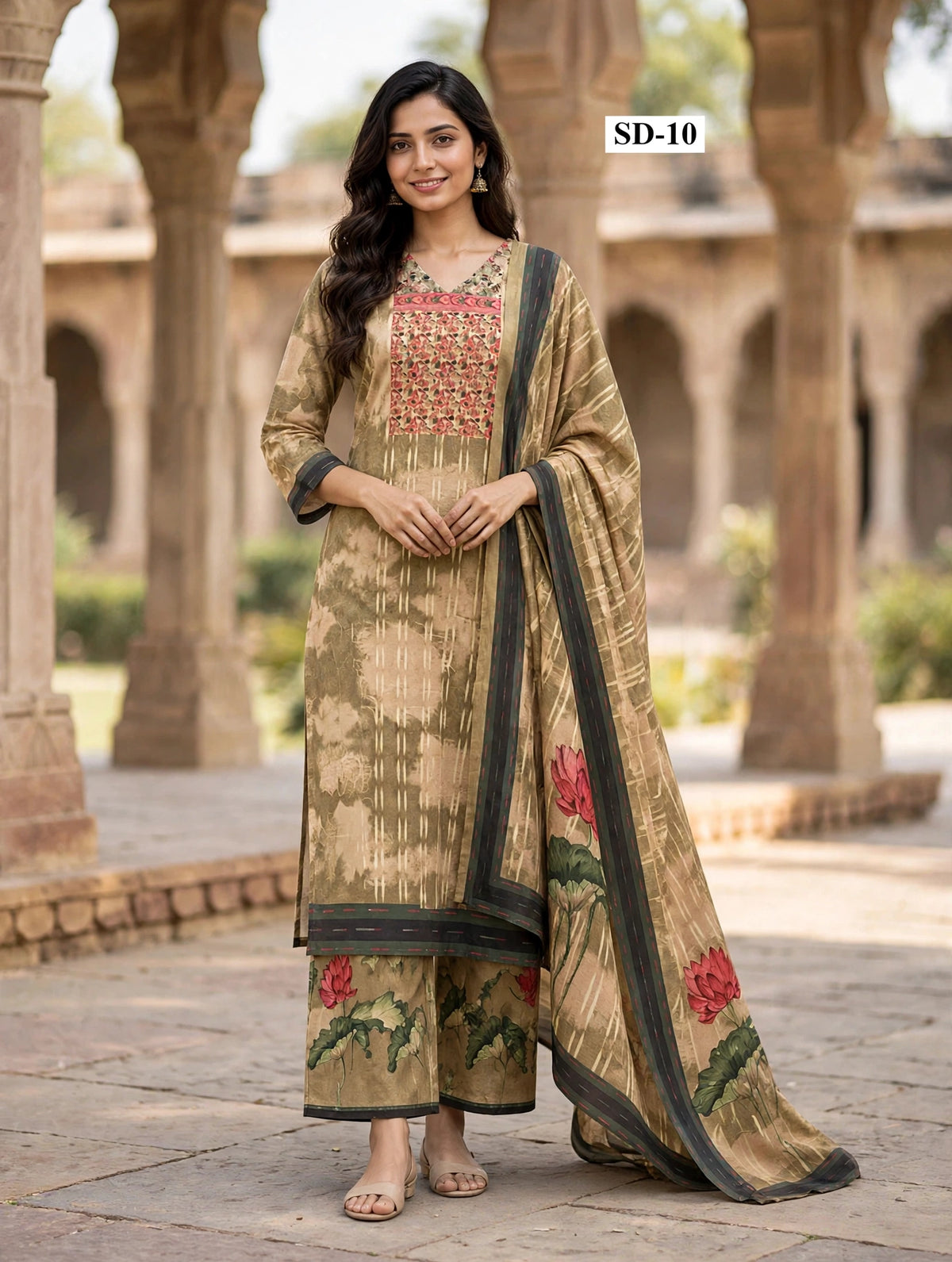 Wholesale SD-10 Olive Lotus Yoke 3 Pcs Suit - Semi Muslin | The Wardrobe Fabrics