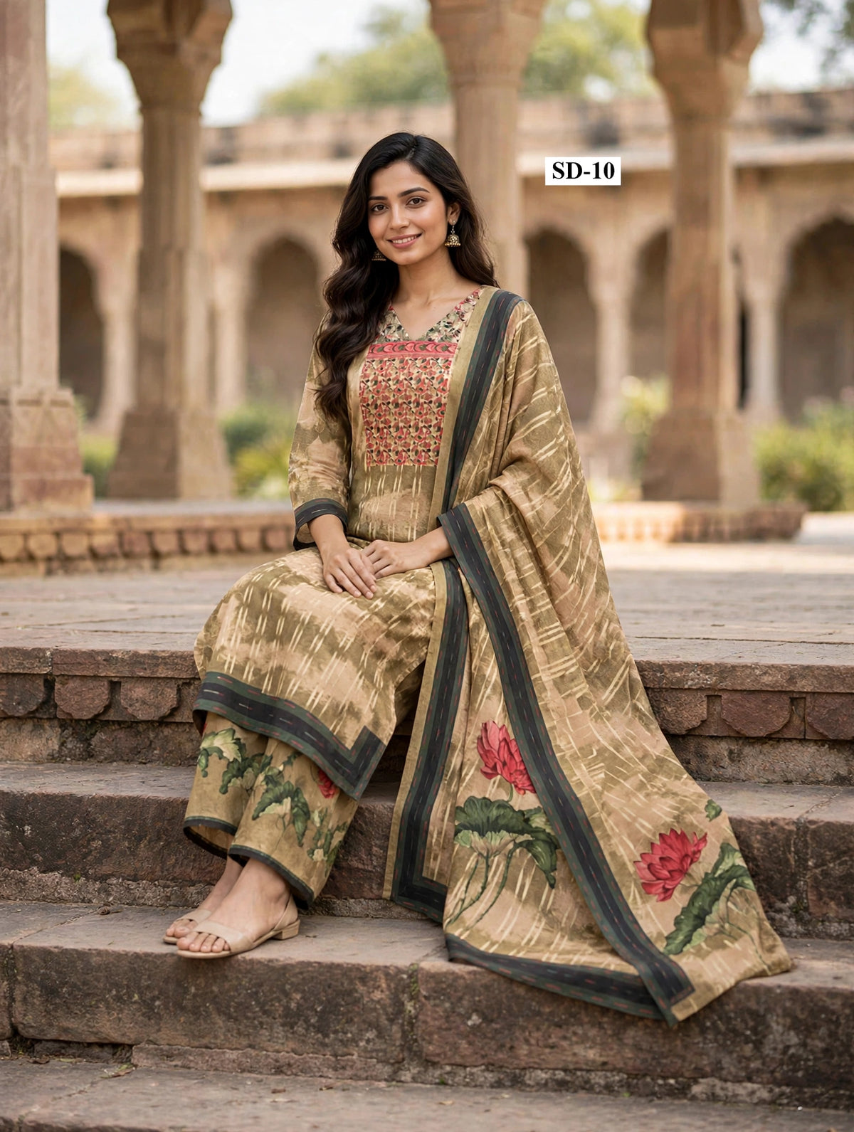 Wholesale SD-10 Olive Lotus Yoke 3 Pcs Suit - Alternate Pose | The Wardrobe Fabrics