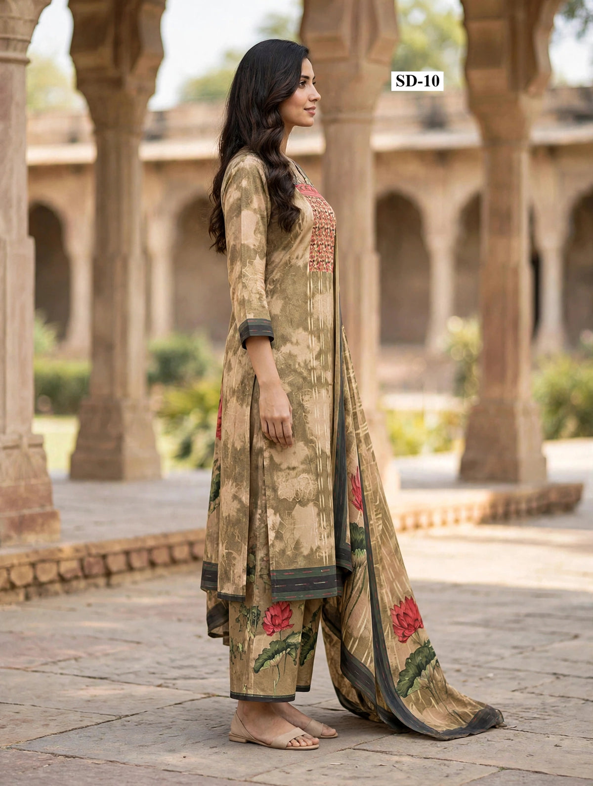 Wholesale SD-10 Olive Lotus Yoke 3 Pcs Suit - Side View | The Wardrobe Fabrics