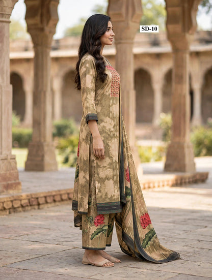 Wholesale SD-10 Olive Lotus Yoke 3 Pcs Suit - Side View | The Wardrobe Fabrics