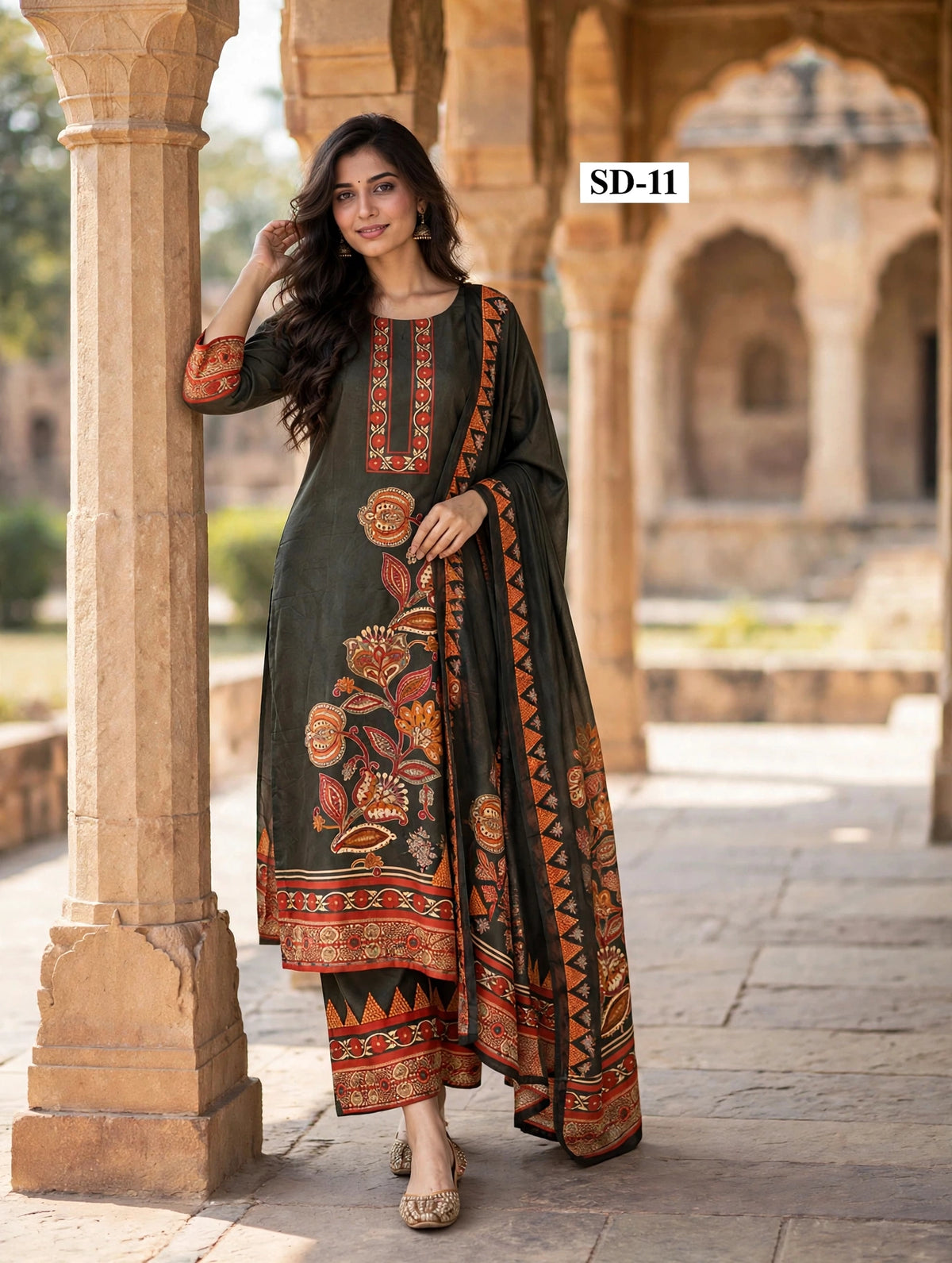 Wholesale SD-11 Dark Olive Paisley 3 Pcs Suit - Semi Muslin | The Wardrobe Fabrics
