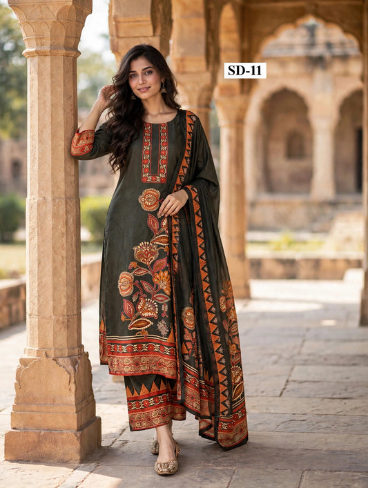 Wholesale SD-11 Dark Olive Paisley 3 Pcs Suit - Semi Muslin | The Wardrobe Fabrics